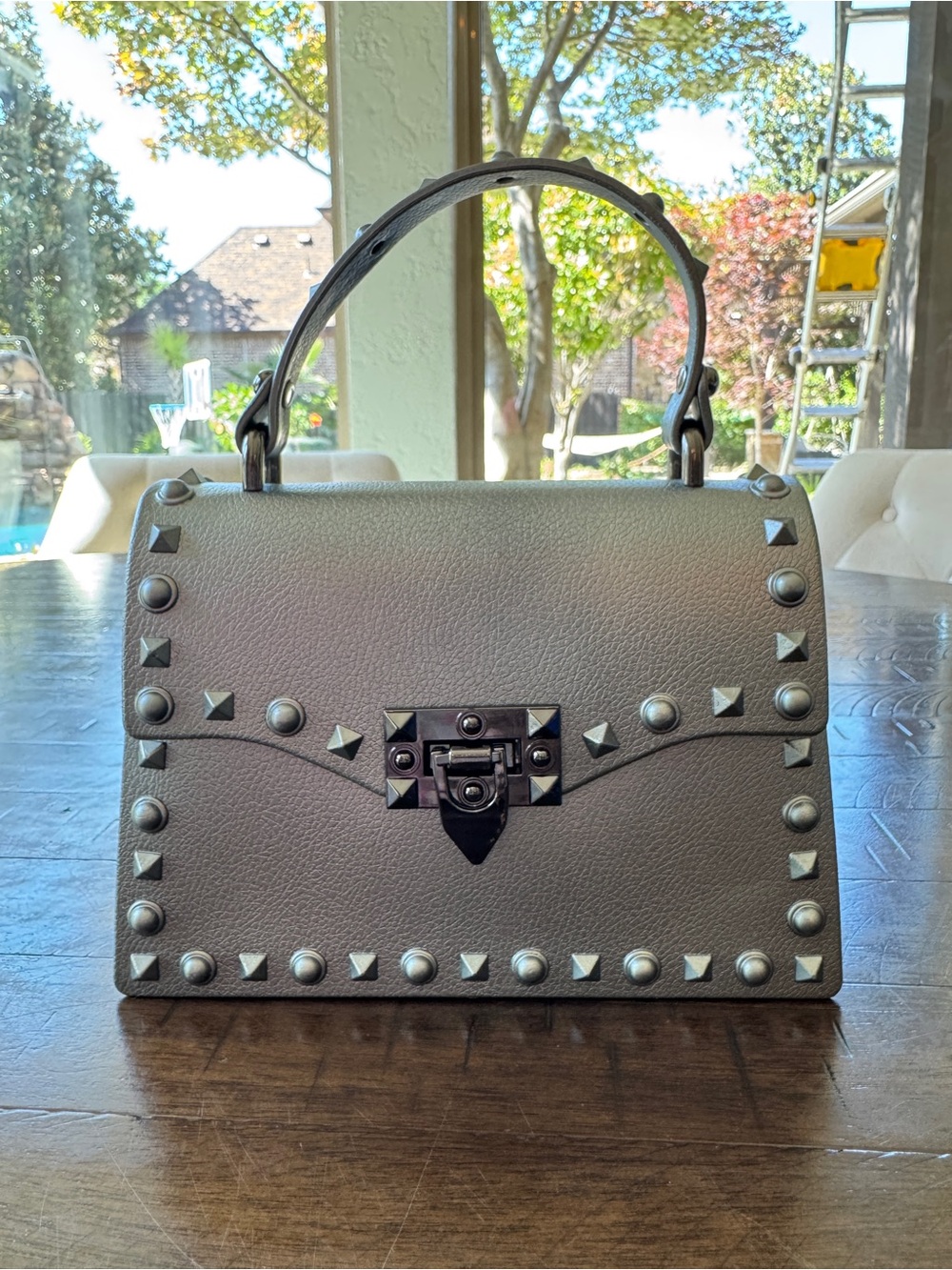 Gray/Silver Studded Handbag and Crossbody Bag with Gunmetal Hardware - Picture 2 of 9